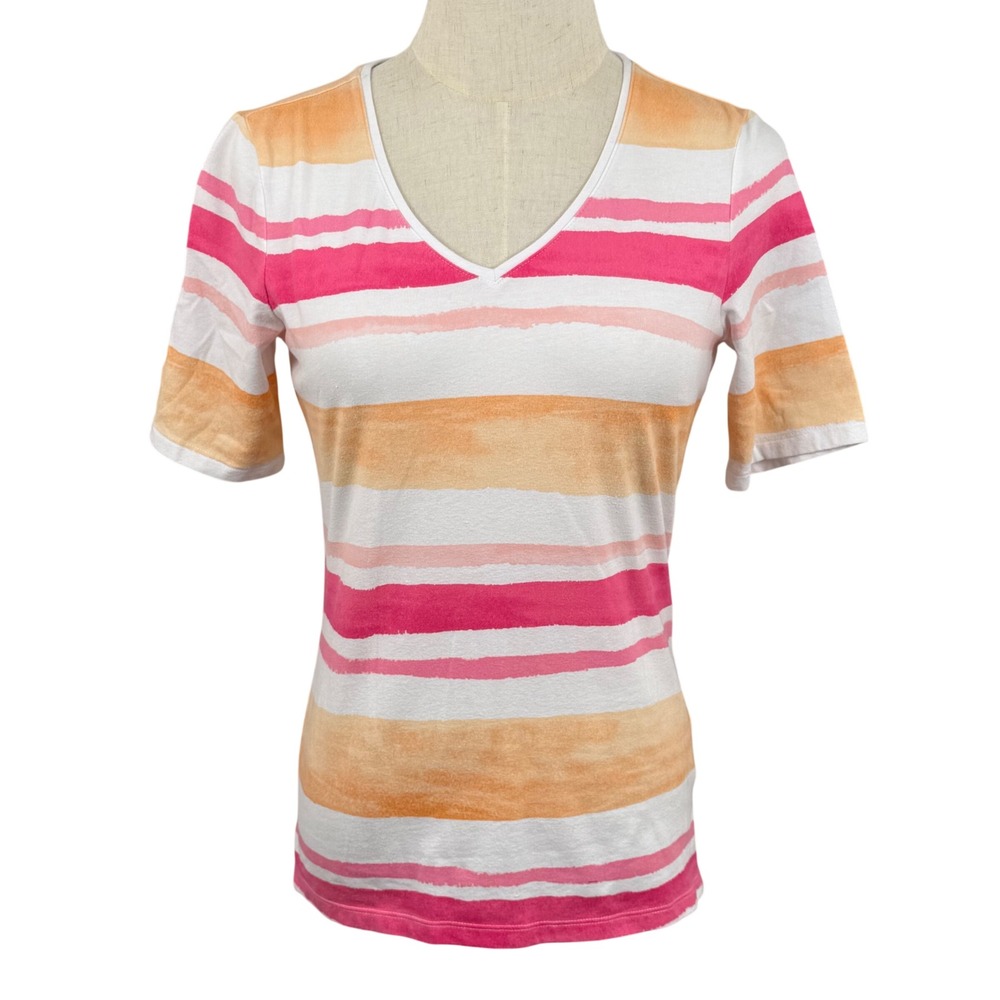 Talbots Watercolor V Neck SS Tee S Petite Striped Coastal Resort Pastel Travel